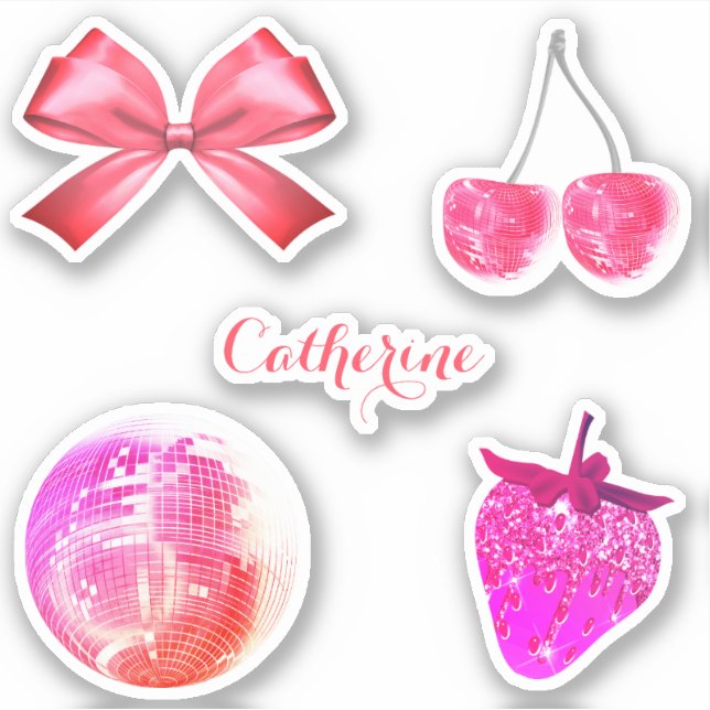 Cute Girly Pink Aesthetic Bow Cherry with Name (Front)