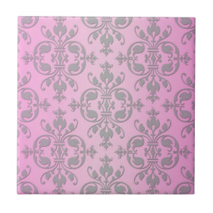 Cute Girly Pink and Grey Damask Tile