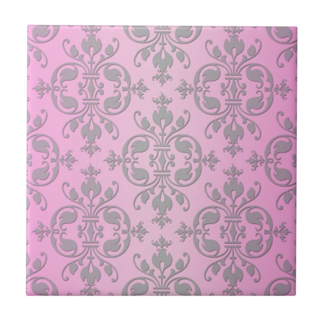 Cute Girly Pink and Grey Damask Tile (Front)