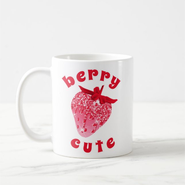 Cute Girly Pink Berry Cute Glittery Strawberry Coffee Mug (Left)