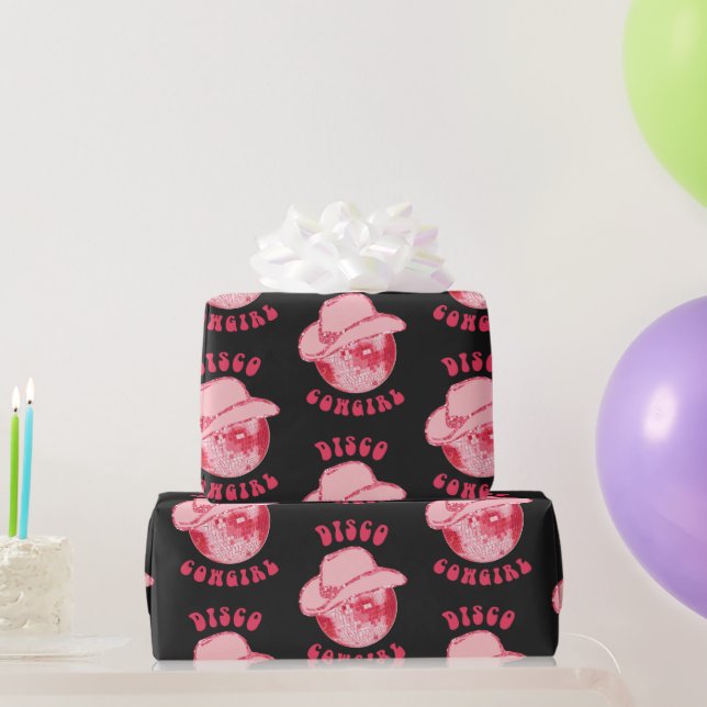Cute Girly Pink Black Disco Cowgirl Hat Wrapping Paper (Party Gifts)
