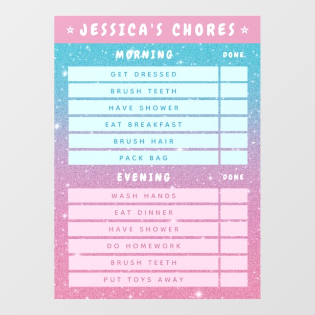 Cute Girly Pink Blue Glitter Kids Daily Chores  (Sheet)