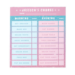 Cute Girly Pink Blue Glitter Kids Daily Chores Notepad