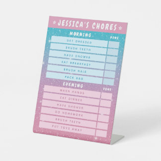 Cute Girly Pink Blue Glitter Kids Daily Chores Pedestal Sign