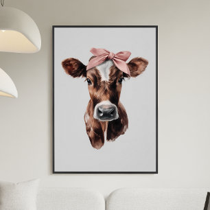 Cute Girly Pink Bow Brown and White Cow Portrait Poster
