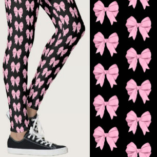 Cute Girly Pink Bow Pattern on Black Leggings