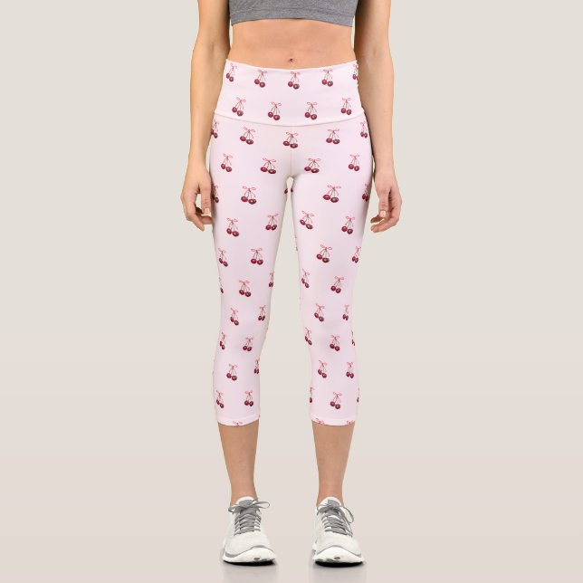 Cute Girly Pink Bows and Cherries Capri Leggings (Front)