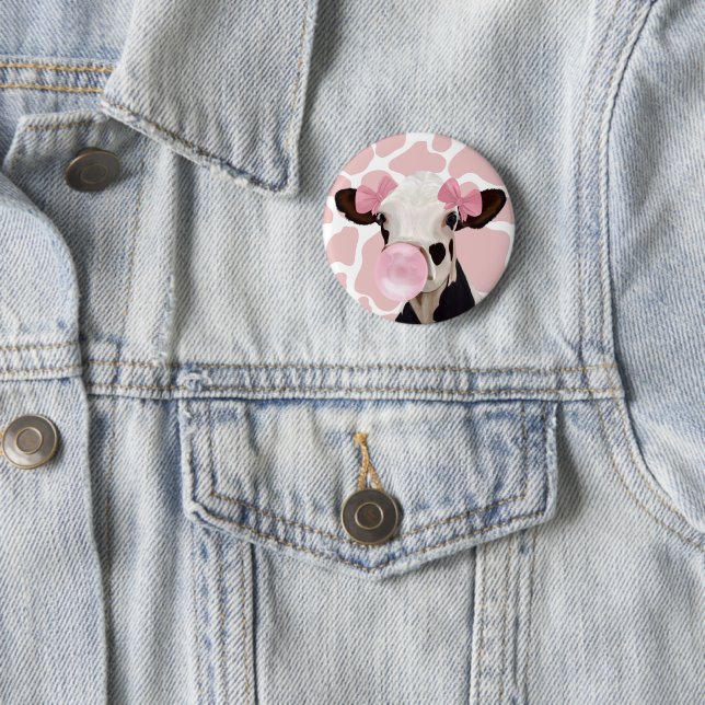 Cute Girly Pink Bubblegum Blowing Cow 6 Cm Round Badge (In Situ)
