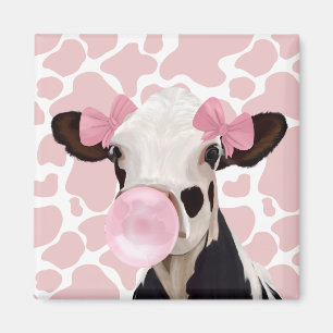 Cute Girly Pink Bubblegum Blowing Cow Magnet