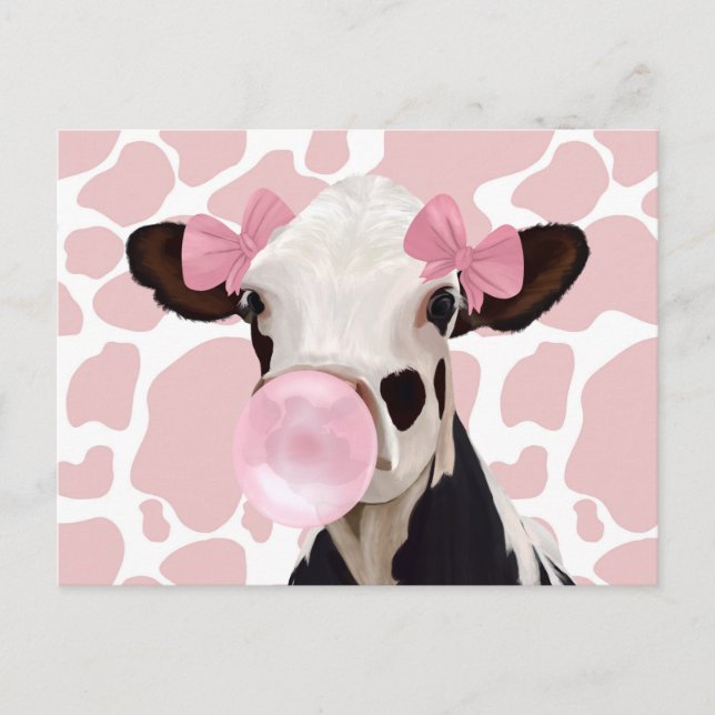 Cute Girly Pink Bubblegum Blowing Cow Postcard (Front)
