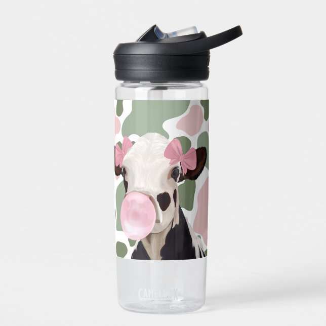 Cute Girly Pink Bubblegum Blowing Cow  Water Bottle (Left)