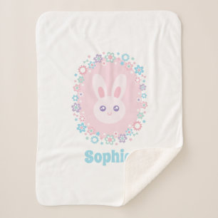 Cute Girly Pink Bunny Rabbit Floral Monogram Sherpa Blanket