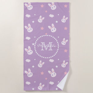 Cute Girly Pink Bunny Rabbit Pastel Name Monogram Beach Towel