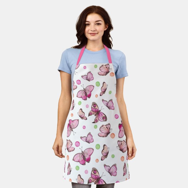 Cute Girly Pink Butterfly Pattern Apron (Worn)