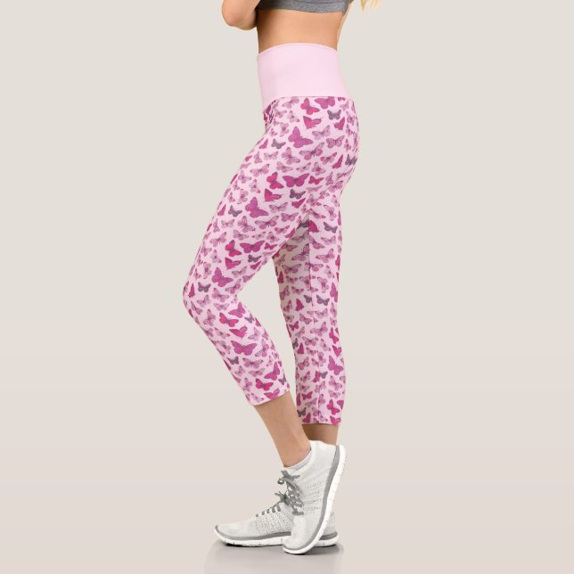 Cute Girly Pink Butterfly Pattern  Capri Leggings (Left)
