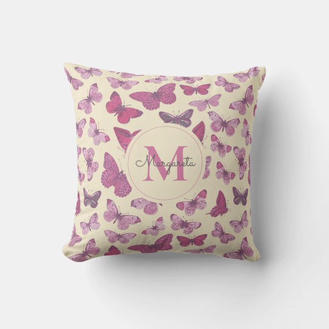 Cute Girly Pink Butterfly Pattern Name Monogram Cushion (Front)