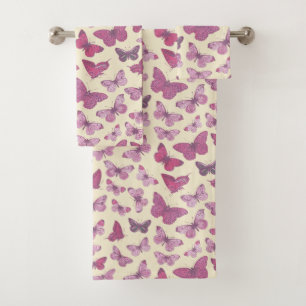 Cute Girly Pink Butterfly Pattern on Beige Bath Towel Set