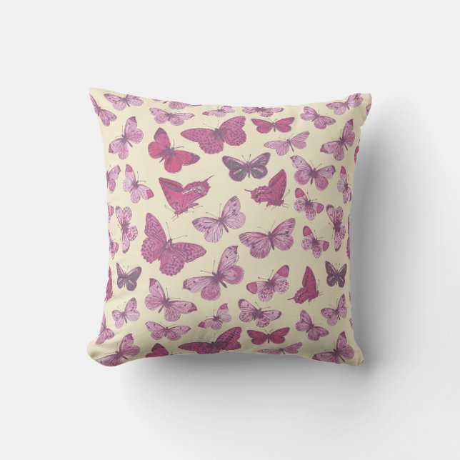 Cute Girly Pink Butterfly Pattern on Beige Cushion (Front)