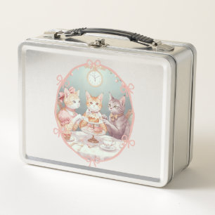 Cute Girly Pink Cats Tea Party Design Feminine Bow Metal Lunch Box