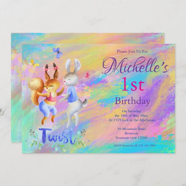 Cute Girly Pink Dancing Rabbits 1st Birthday Party Invitation (Front/Back)