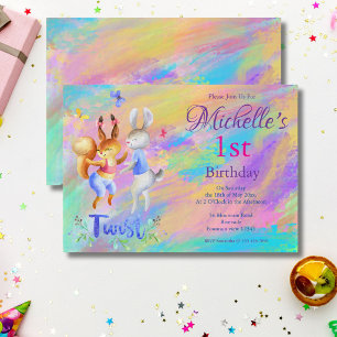 Cute Girly Pink Dancing Rabbits 1st Birthday Party Invitation