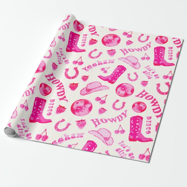 Cute Girly Pink Disco Cowgirl Aesthetic Wrapping Paper (Unrolled)