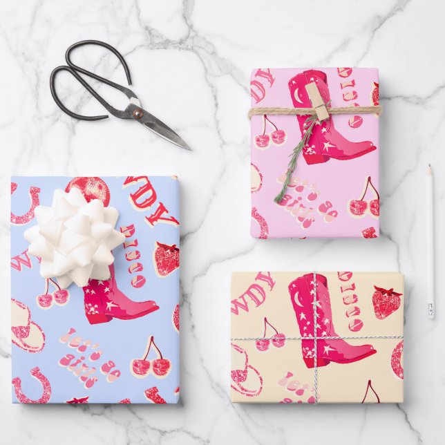 Cute Girly Pink Disco Cowgirl Aesthetic Wrapping Paper Sheet (Front)