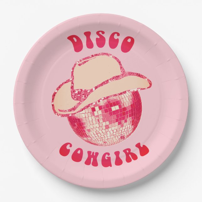 Cute Girly Pink Disco Cowgirl Glitter  Paper Plate (Front)