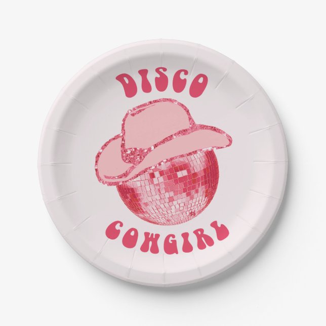 Cute Girly Pink Disco Cowgirl Glitter  Paper Plate (Front)