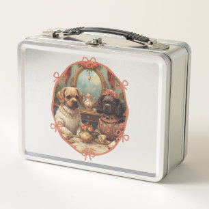 Cute Girly Pink Dogs Tea Party Design Feminine Bow Metal Lunch Box