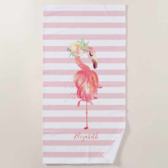 Cute Girly Pink Flamingo Flower Stripes   Beach Towel (Front)