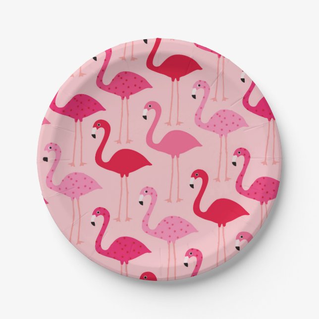 Cute Girly Pink Flamingo Pattern Paper Plate (Front)