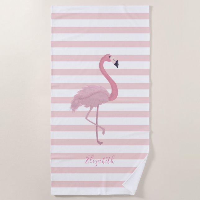 Cute Girly Pink Flamingo , Stripes  -Personalised Beach Towel (Front)