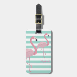 Cute Girly Pink Flamingos On Mint White Stripes Luggage Tag