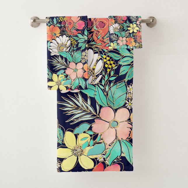 Cute Girly Pink Floral Golden Strokes Design Bath Towel Set (Insitu)