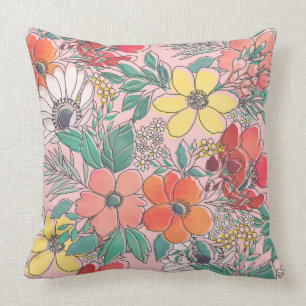 Cute girly pink floral hand drawn design cushion
