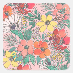 Cute girly pink floral hand drawn design square sticker