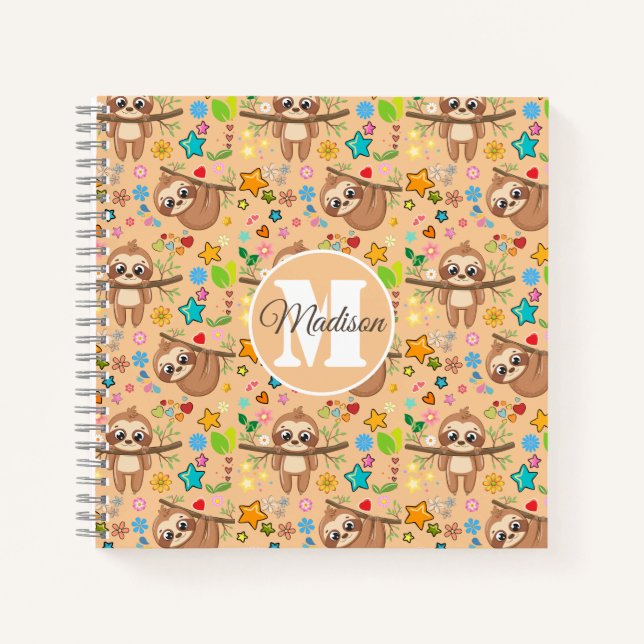 Cute Girly Pink Floral Sloth Pattern Monogrammed Notebook (Front)