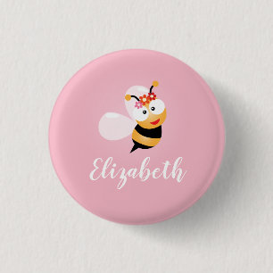 Cute Girly Pink Flower Girl Honey Bee Whimsical 3 Cm Round Badge