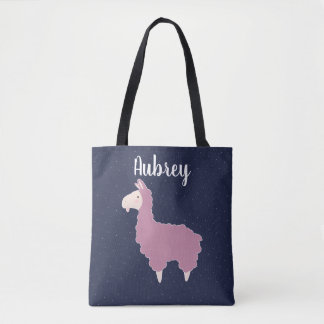 Cute Girly Pink Fluffy Llama & Name Tote Bag