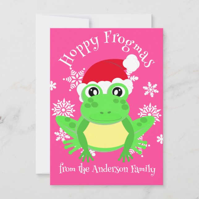 Cute Girly Pink Frog Christmas Santa Hat Novelty Holiday Card (Front)