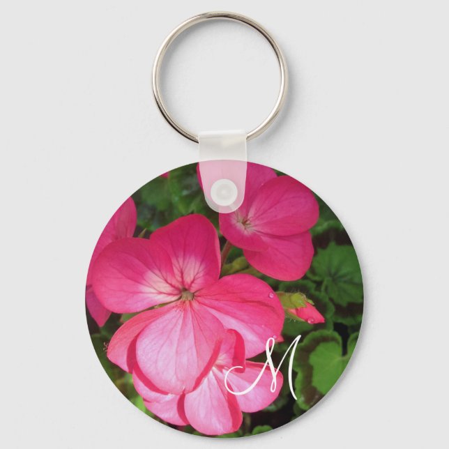 Cute Girly Pink Geranium Photo Monogram  Key Ring (Front)