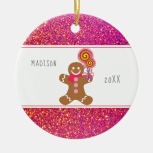 Cute Girly Pink Glitter Gingerbread Candy Name Ceramic Ornament