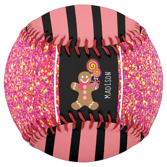 Cute Girly Pink Glitter Gingerbread Personalised Softball (Front)