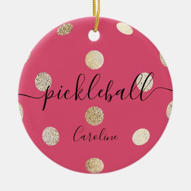 Cute Girly Pink Gold Pickleball Ceramic Ornament (Front)