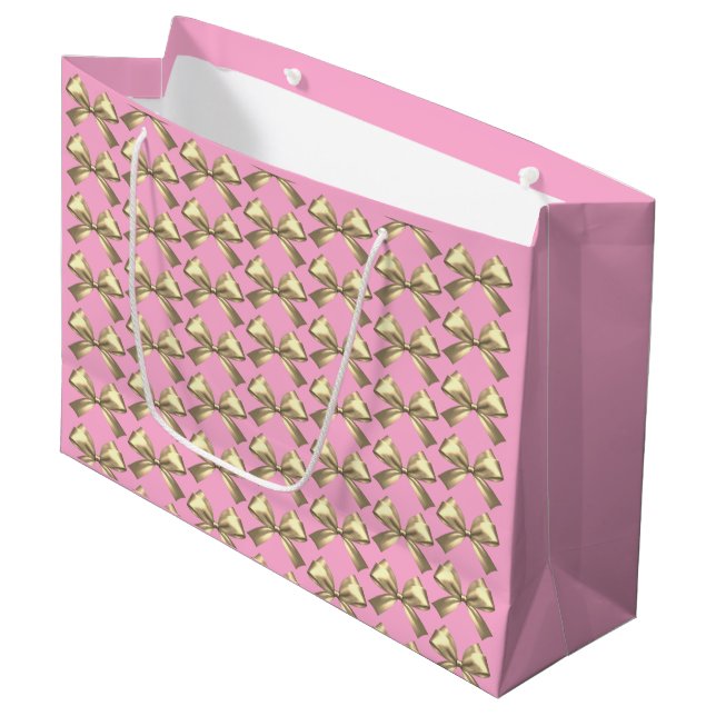 Cute Girly Pink Gold Satin Aesthetic Bow Large Gift Bag (Front Angled)