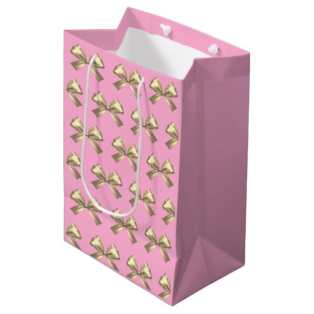 Cute Girly Pink Gold Satin Aesthetic Bow Medium Gift Bag (Front Angled)