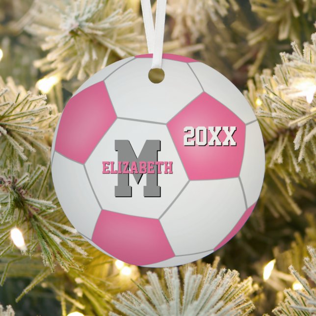 cute girly pink grey keepsake soccer metal tree decoration (Insitu)