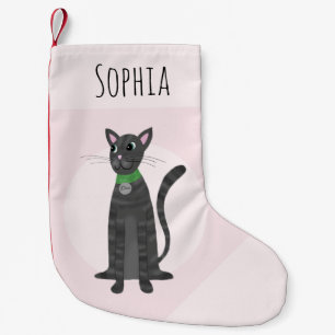 Cute Girly Pink Grey Tabby Cat Cartoon Kids Small Christmas Stocking
