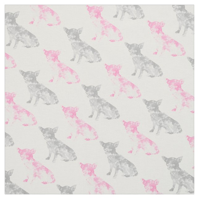 Cute girly pink grey watercolor chihuahua pattern fabric (Swatch)